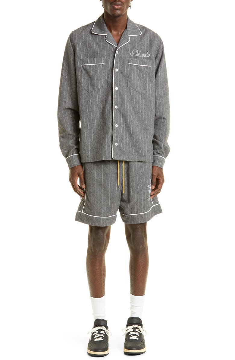 Rhude Embroidered Logo Pajama Long Sleeve Button-Up Shirt, Alternate, color,