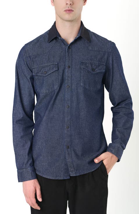 Long-Sleeve Cotton Overshirt With Denim and Leather