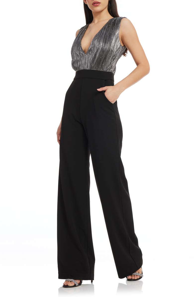 Dress the Population Everette Metallic Bodice Mixed Media Jumpsuit, Alternate, color, Black-Silver