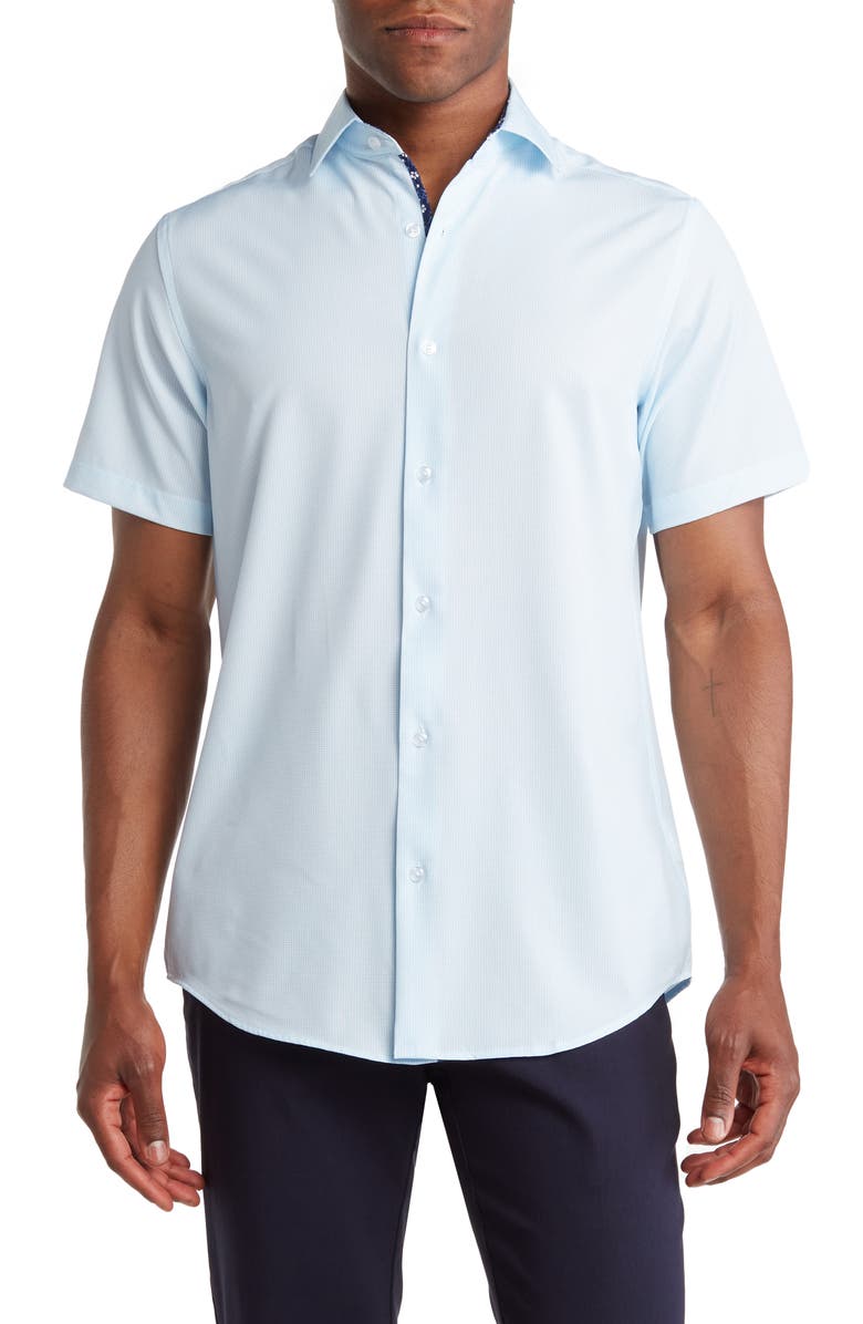 TOM BAINE Slim Fit Performance Short Sleeve Button-Up Shirt, Main, color, Blue/ White