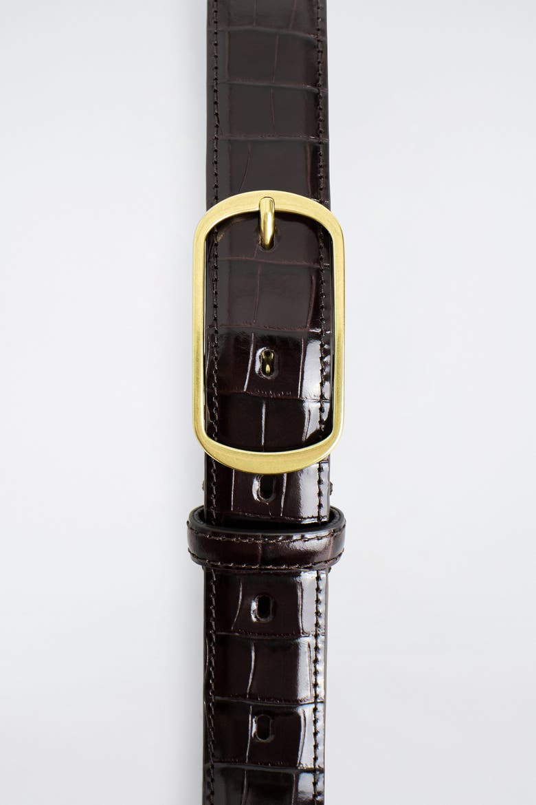 Curved-buckle Leather Belt, Alternate, color, BROWN / GOLD / CROC EFFECT