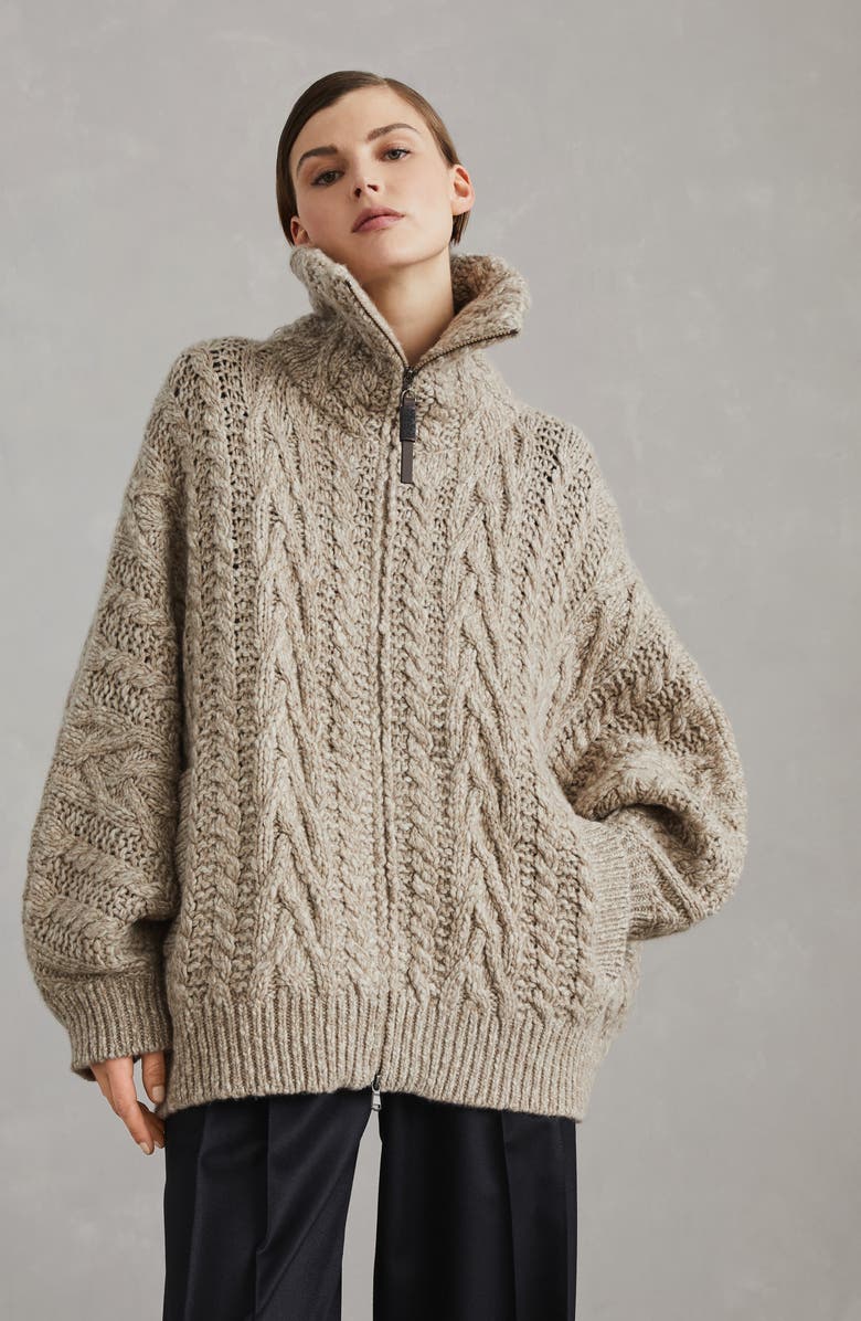 Brunello Cucinelli Soft wool and cashmere cable knit cardigan with shiny zipper pull, Alternate, color, 