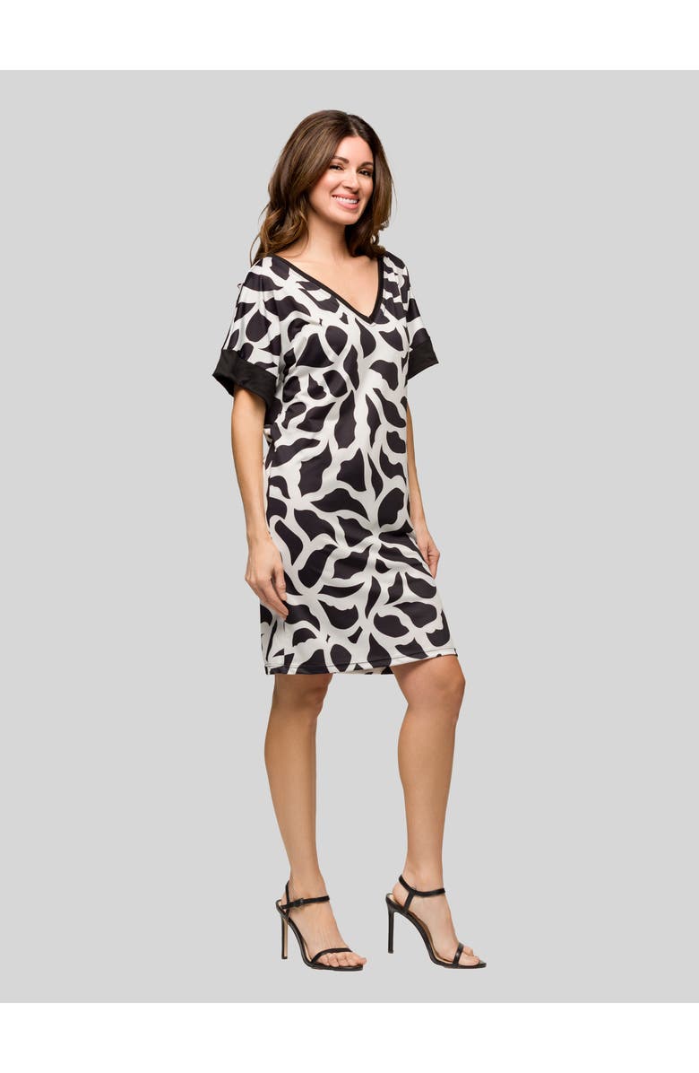 24seven Comfort Apparel Black and White Short Sleeve Knee Length T Shirt Dress, Alternate, color, Black Multi