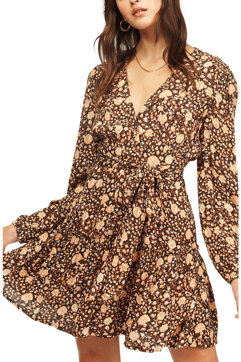 Golden Glow Floral Long Sleeve Dress, Main, color, BLACK