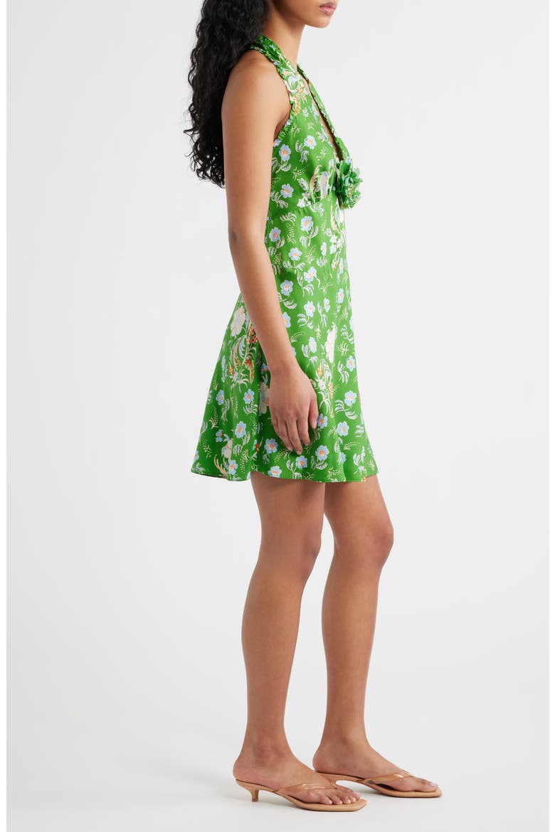 motel hepzhi floral embroidered halter mini dress Hepzhi Mini Dress in Bitter Chocolate with Floral Embroidery , Halter Neck , Plunge Neckline