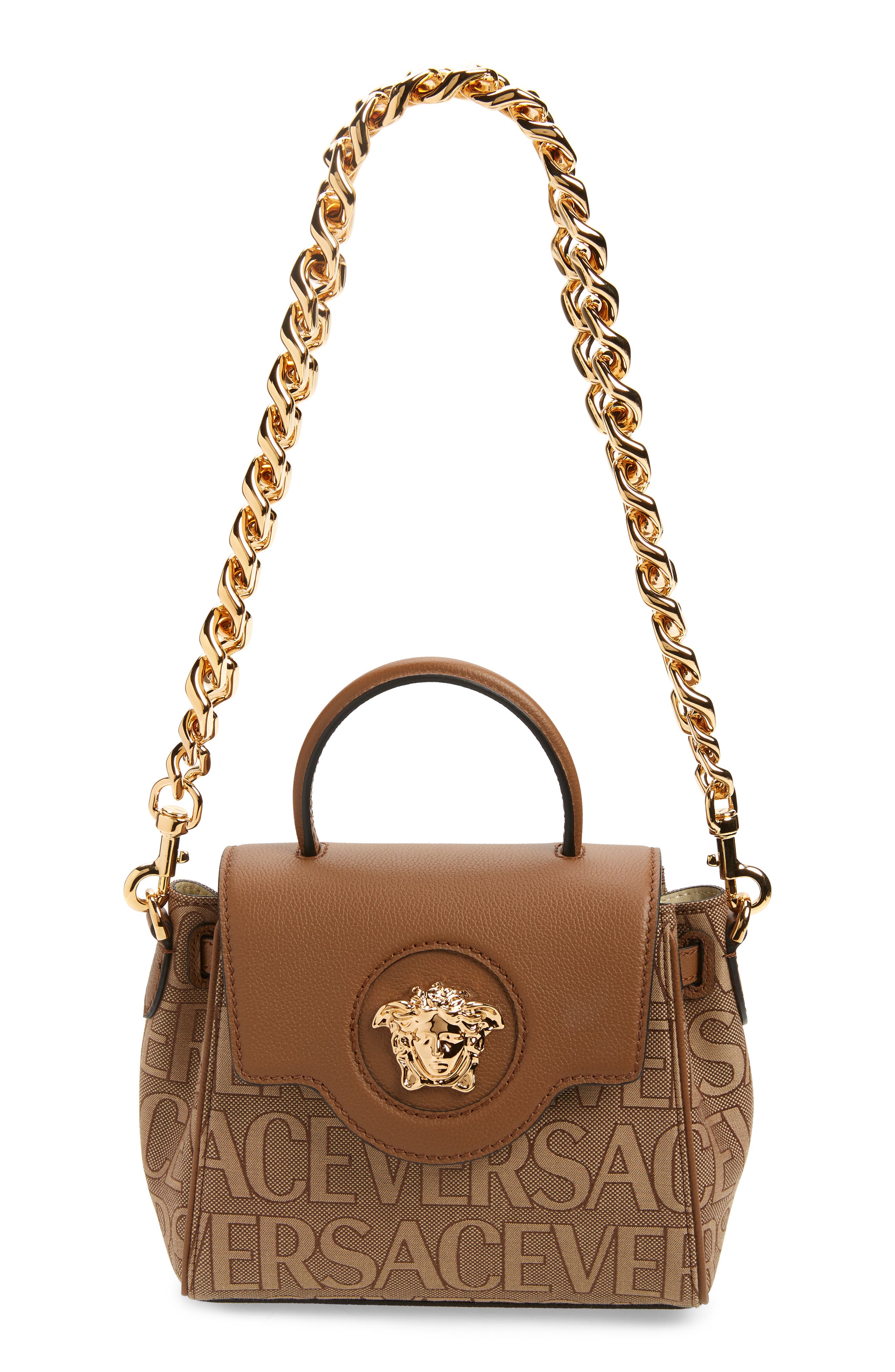 Versace Small La Medusa Canvas & Leather Handbag, Main, color, 
