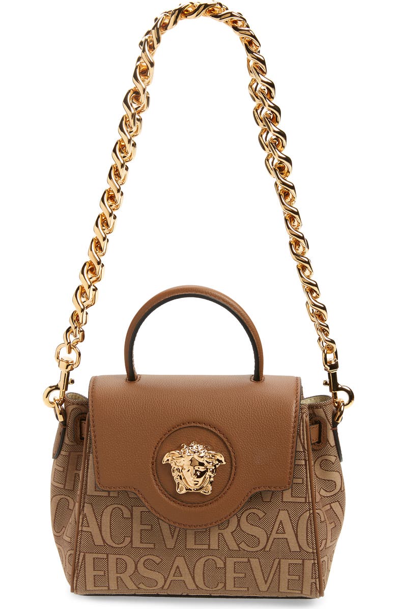 Versace Small La Medusa Canvas & Leather Handbag, Main, color,