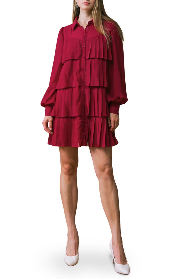Tiered Long Sleeve Shirtdress, Main, color, RUBY