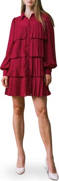 FLYING TOMATO Tiered Long Sleeve Shirtdress