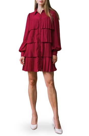 Flying Tomato Tiered Long Sleeve Shirtdress In Brown
