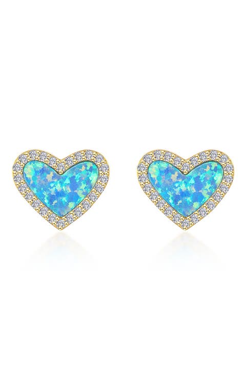 Simulated Blue Opal & Simulated Diamond Heart Stud Earrings