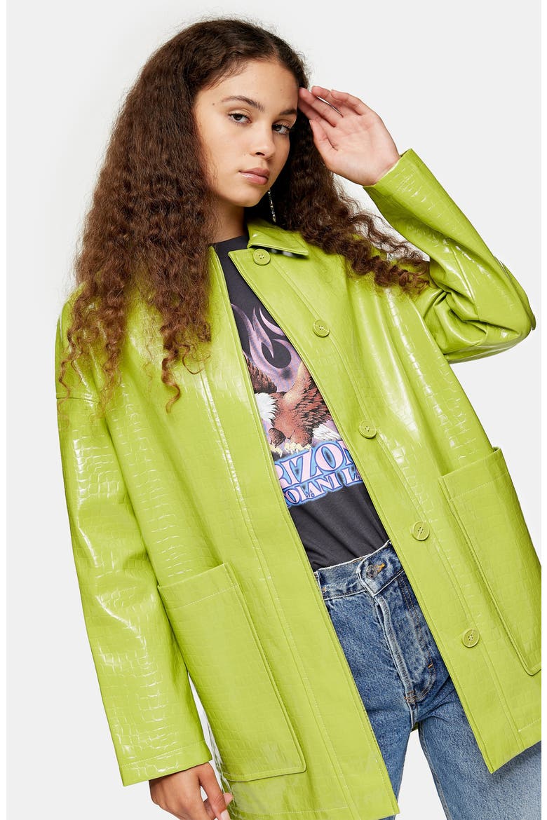 Alma Crocodile Faux Leather Shirt Jacket, Alternate, color, LIME