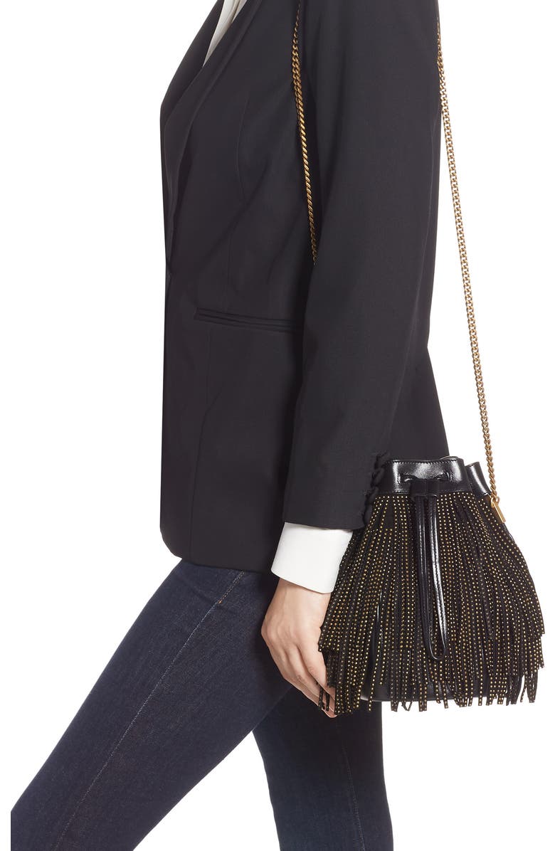 Saint Laurent Talitha Studded Fringe Leather Bucket Bag, Alternate, color,
