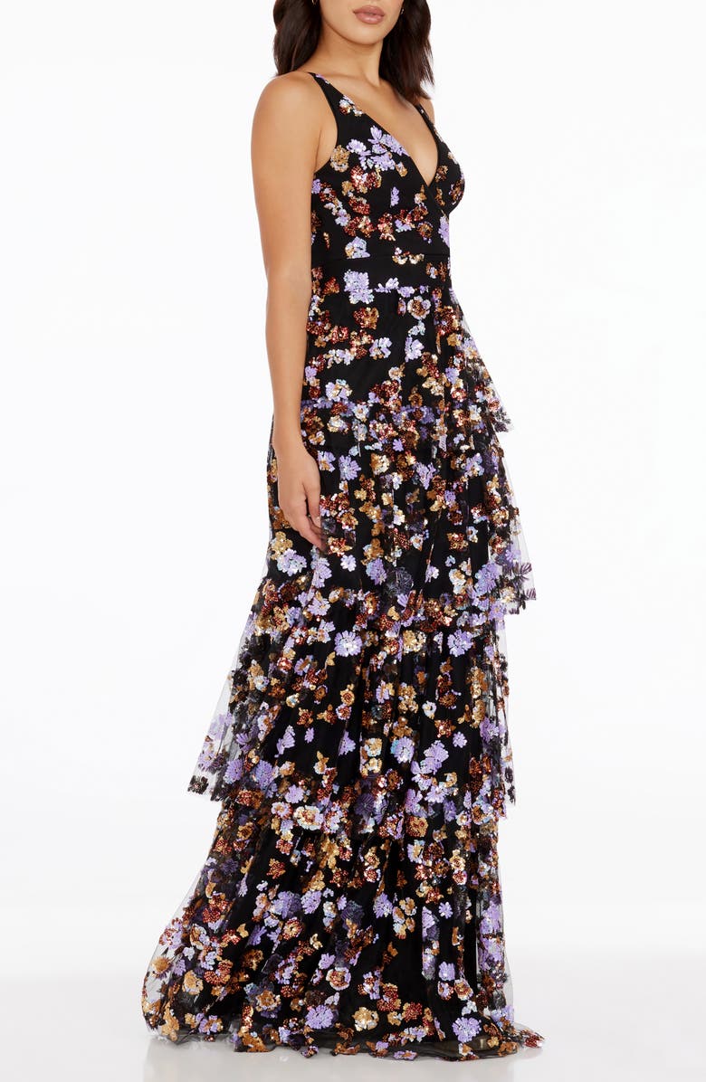 Dress the Population Lorain Sequin Tiered Ruffle Gown, Alternate, color, Black Multi