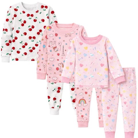Kids 3 Pack Pajamas Toddlers and Girls Snug Fitted Long Sleeve Sleepwear Sets