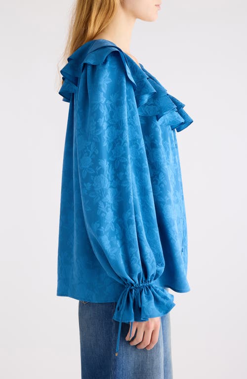 Chloé Floral Silk Jacquard Ruffle Top In Blue