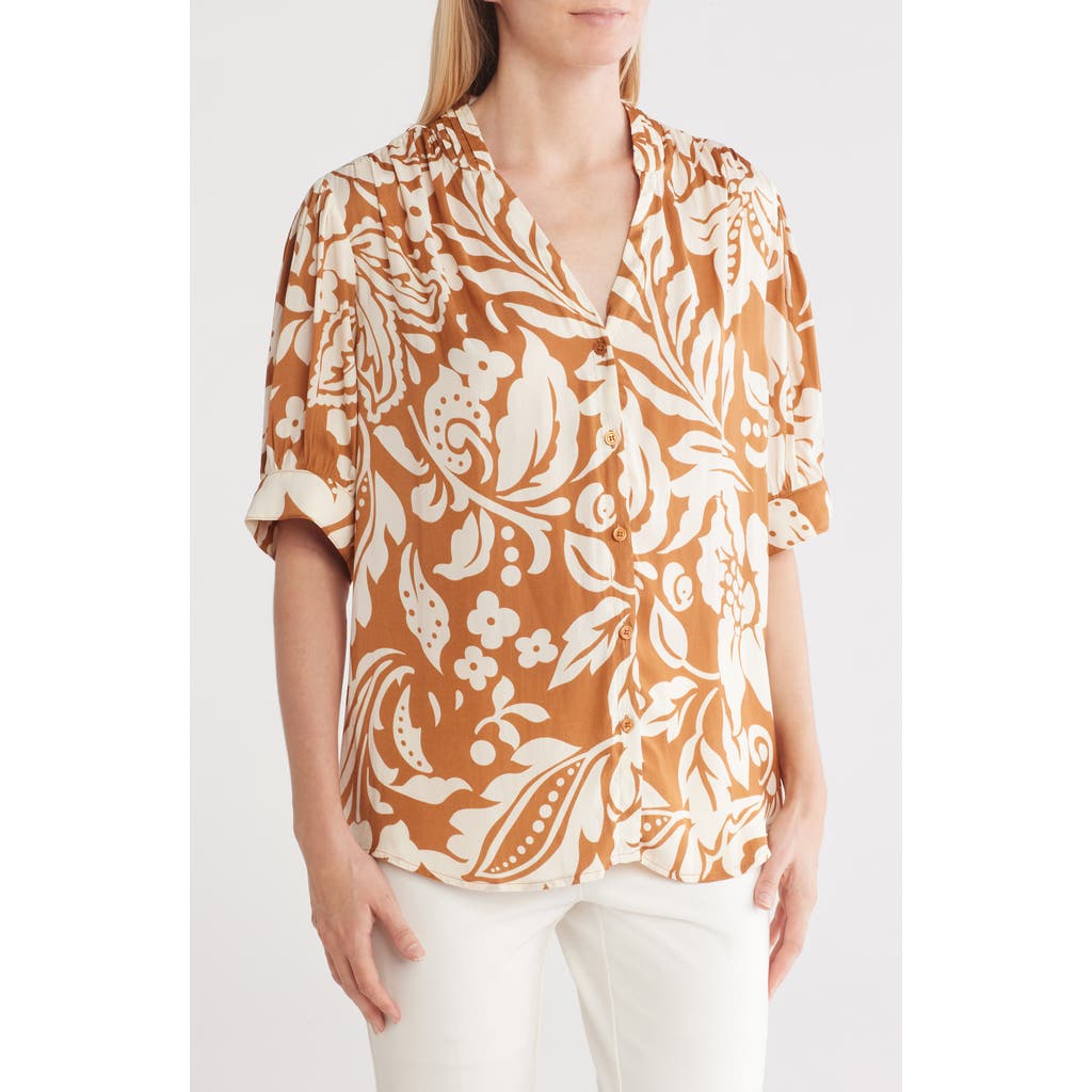 T Tahari Airflow Short Sleeve Button-up Shirt In Toffee/ivory Floral Print