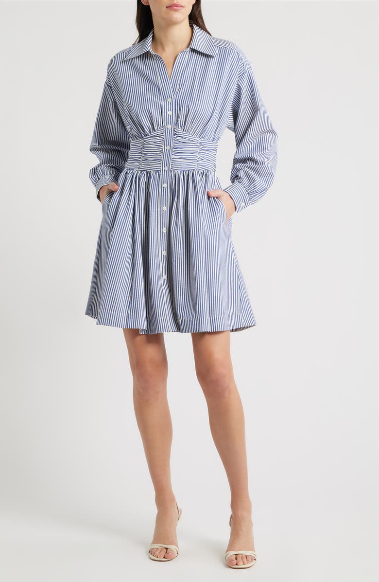 Julia Jordan Stripe Long Sleeve Seersucker Mini Shirtdress, Main, color, Blue Multi