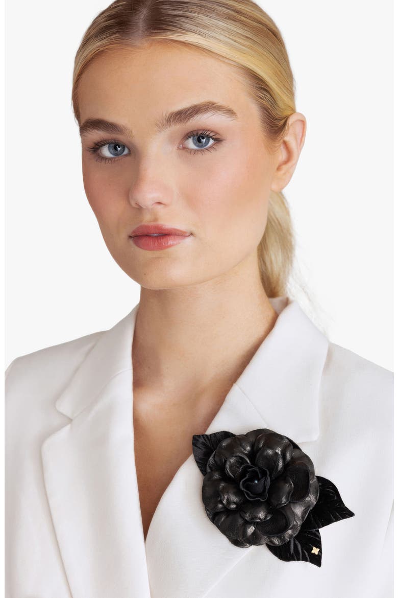 The Small Black Gardenia Floral Brooch, Alternate, color, Black
