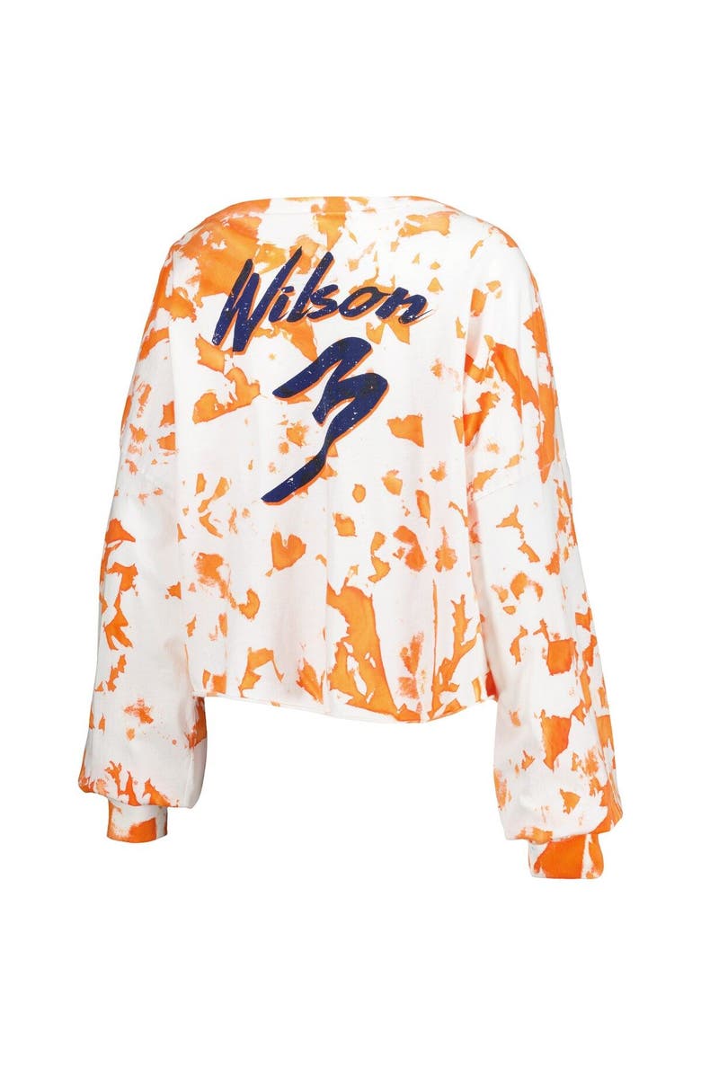 Majestic Threads Women's Majestic Threads Russell Wilson White/Orange Denver Broncos Off-Shoulder Tie-Dye Name & Number Cropped Long Sleeve V-Neck T-Shirt, Alternate, color,