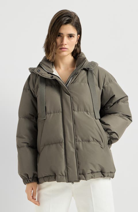 Techno cotton taffeta down jacket with detachable cashmere knit hood