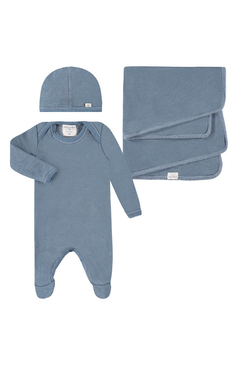 PAIGELAUREN Welcome Home Fleece Footie, Hat & Blanket Set, Main, color, Blue