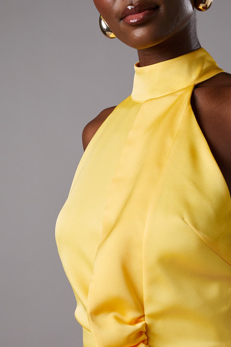 Halter Pleated Asymmetric Hem Midi Dress, Alternate, color, Yellow