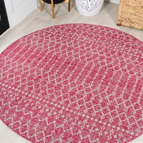 Jonathan Y Ourika Moroccan Geometric Textured Weave Indoor/outdoor Round Area Rug In Fuchsia/light Gray