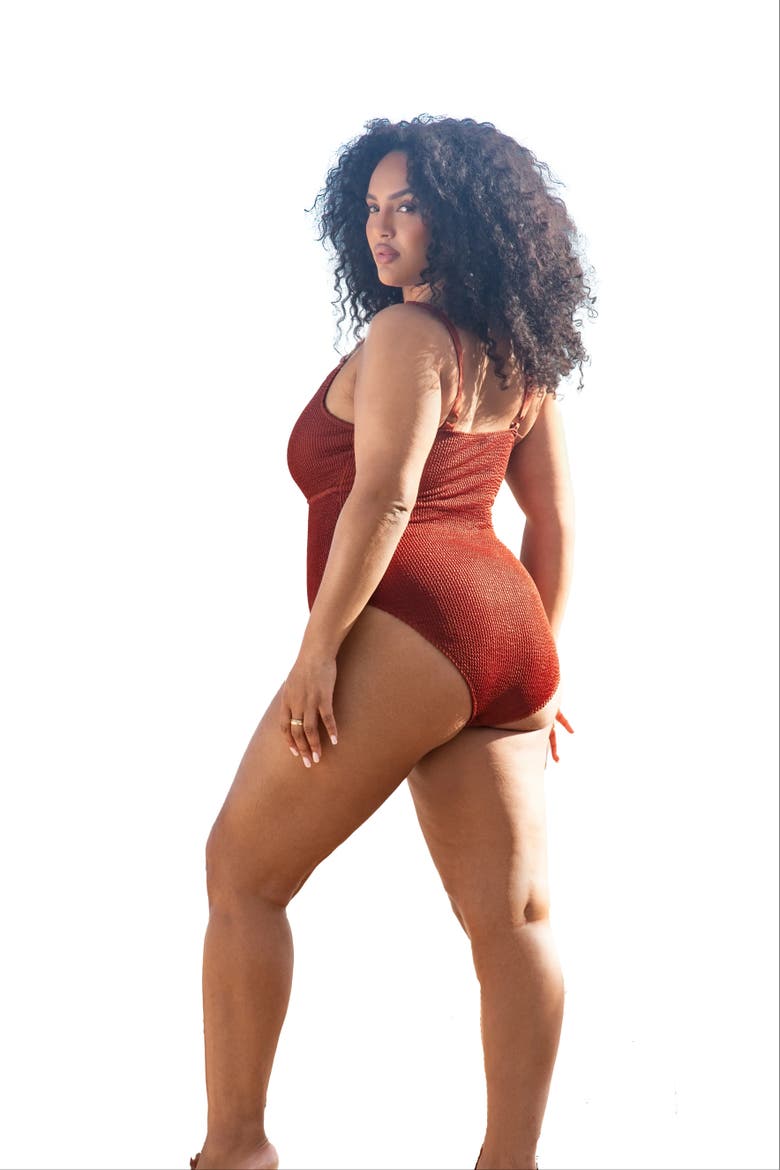 Curve Trim Detail Crinkle Swimsuit, Alternate, color, Brown
