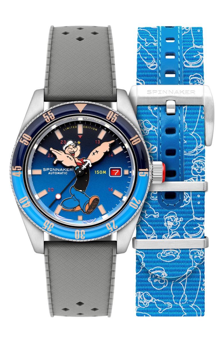 SPINNAKER x Popeye Fleuss Bronemies Automatic Silicone & Nylon Strap Watch, 43mm, Main, color, 