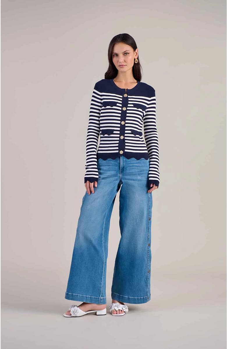 Anne Fontaine Women's Cardigan Blue And White Striped Cardigan With Gold Flower Buttons, Alternate, color, Dark Navy