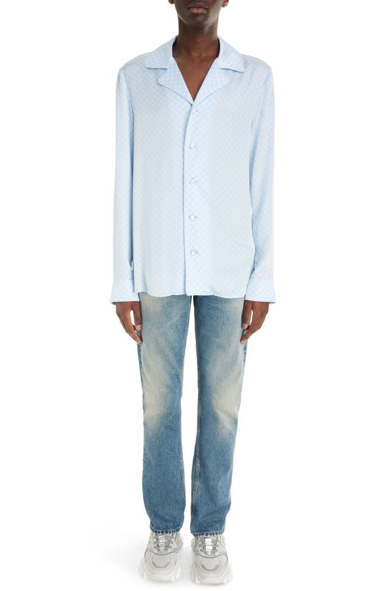 Balmain Mini Monogram Satin Button-Up Shirt, Alternate, color,