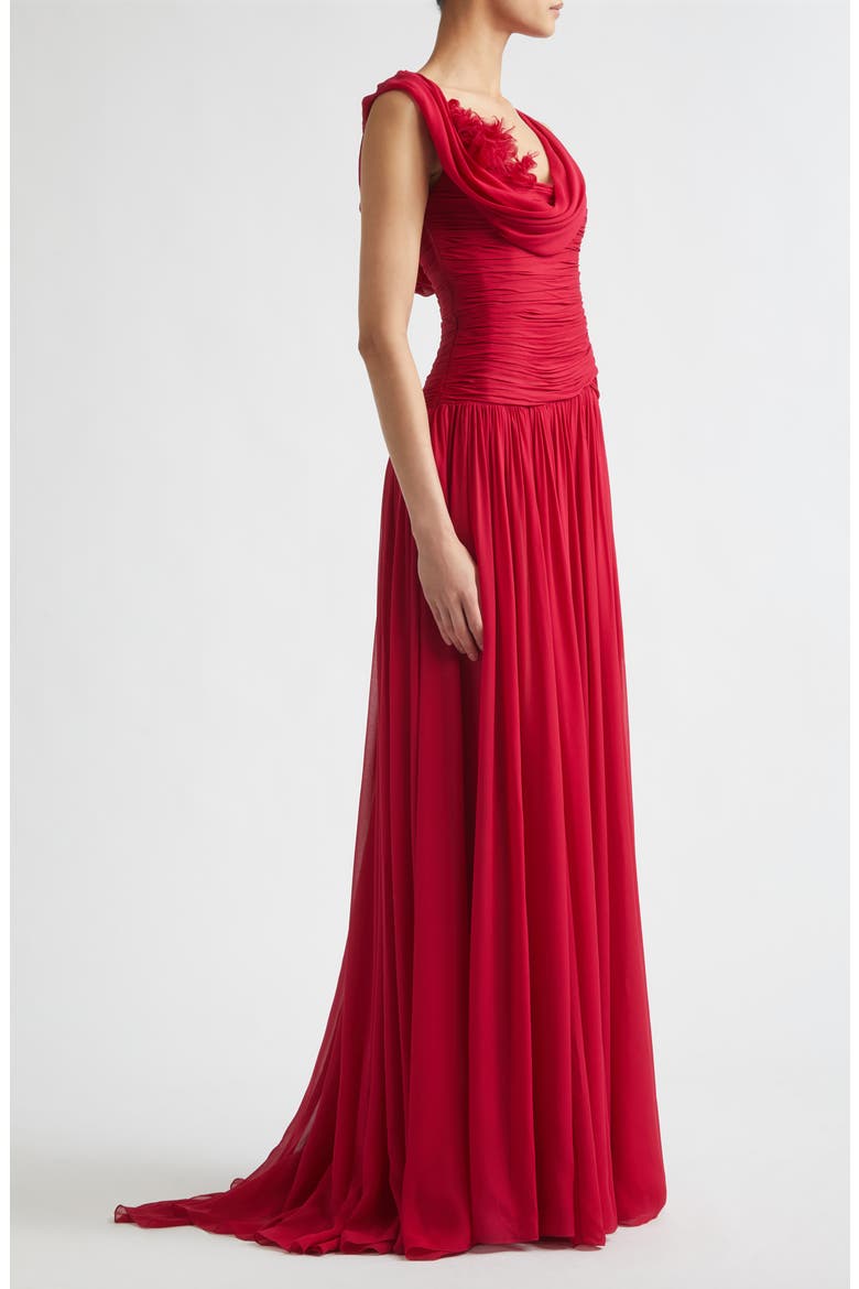 Floral Appliqué Draped Silk Chiffon Gown, Alternate, color, CRANBERRY