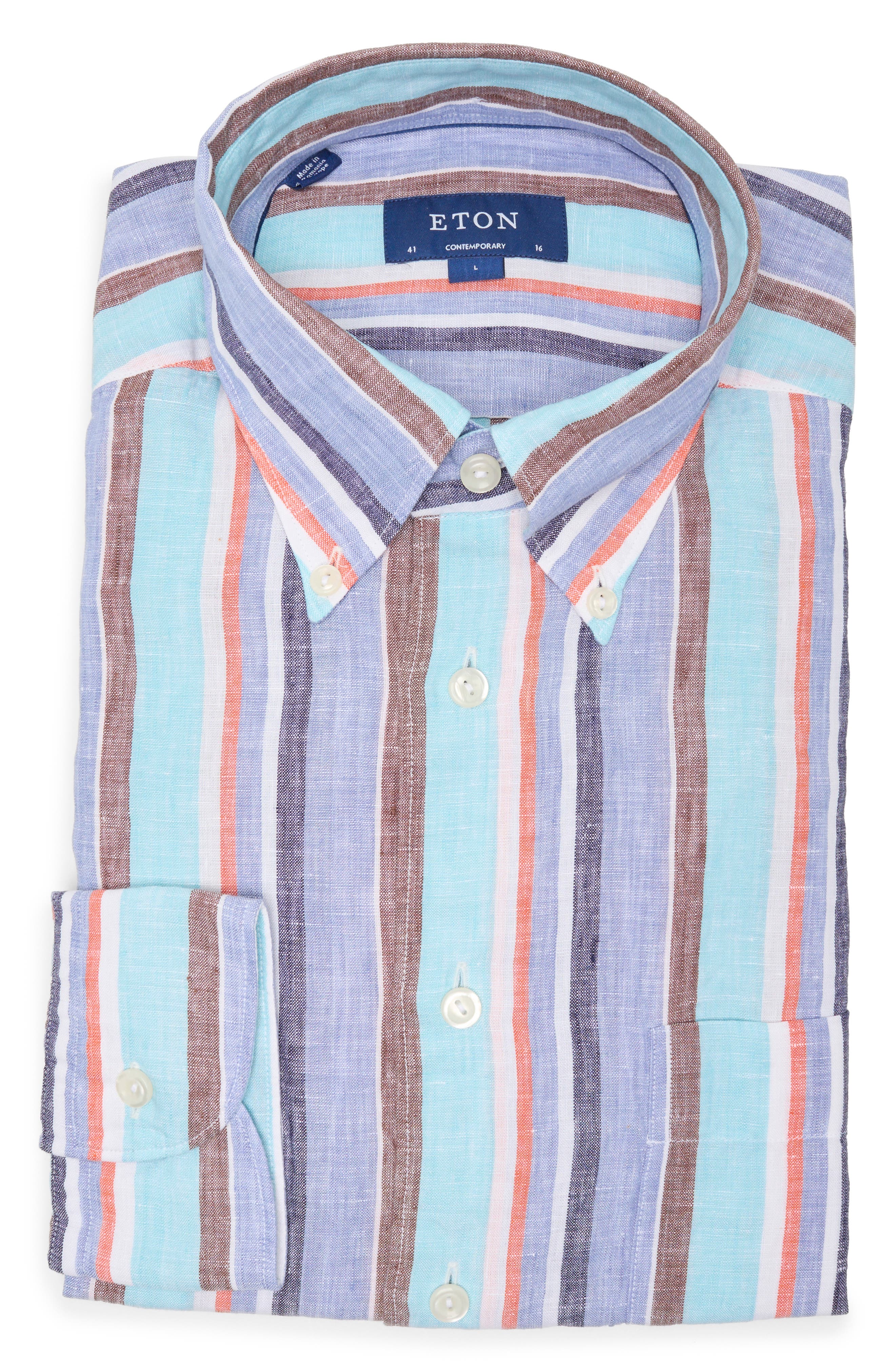 Eton Contemporary Fit Stripe Linen Button-Down Shirt (Men) | Nordstromrack
