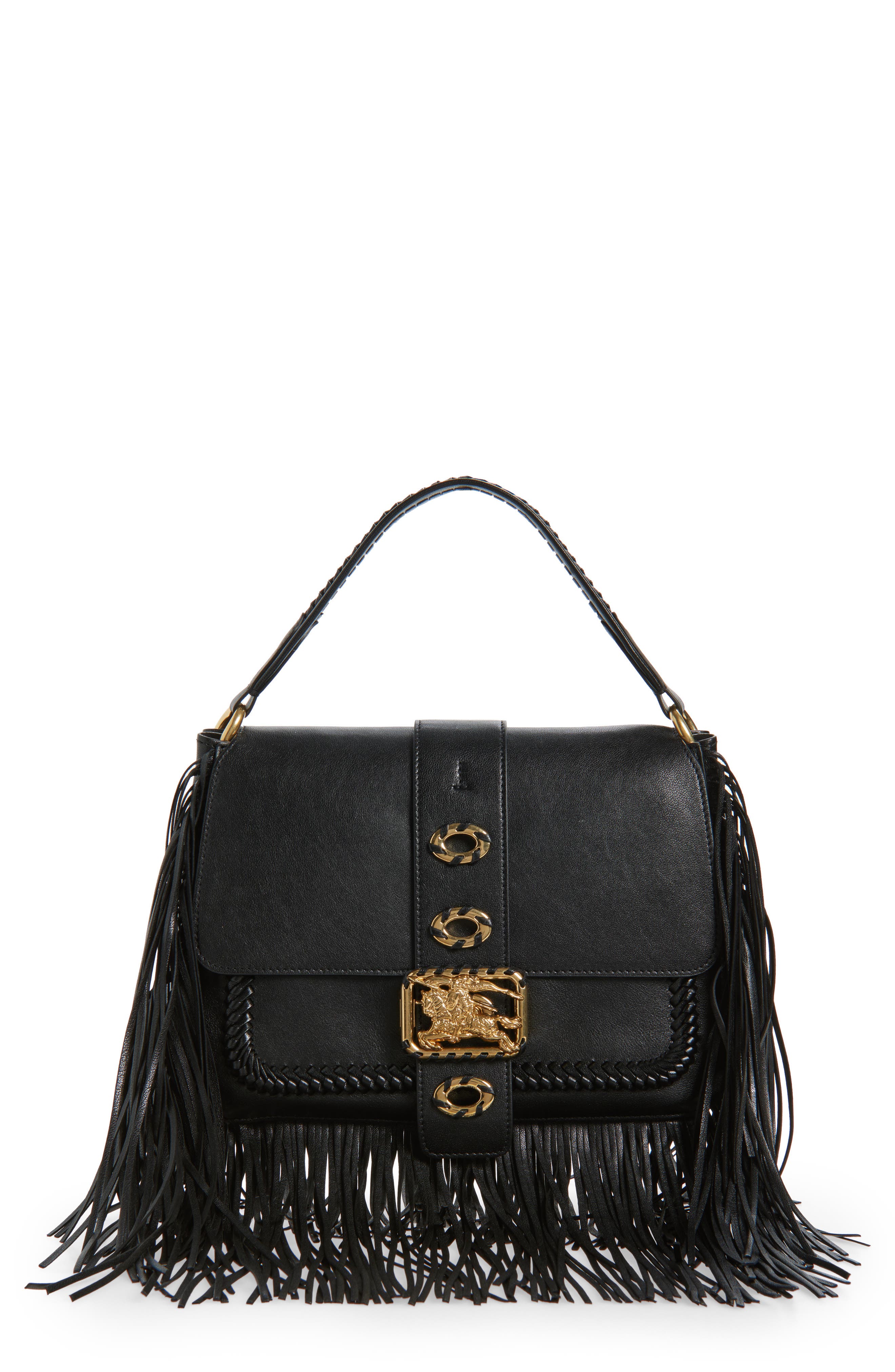 Burberry Small Rider Fringe Leather Top Handle Bag, Main, color, Black