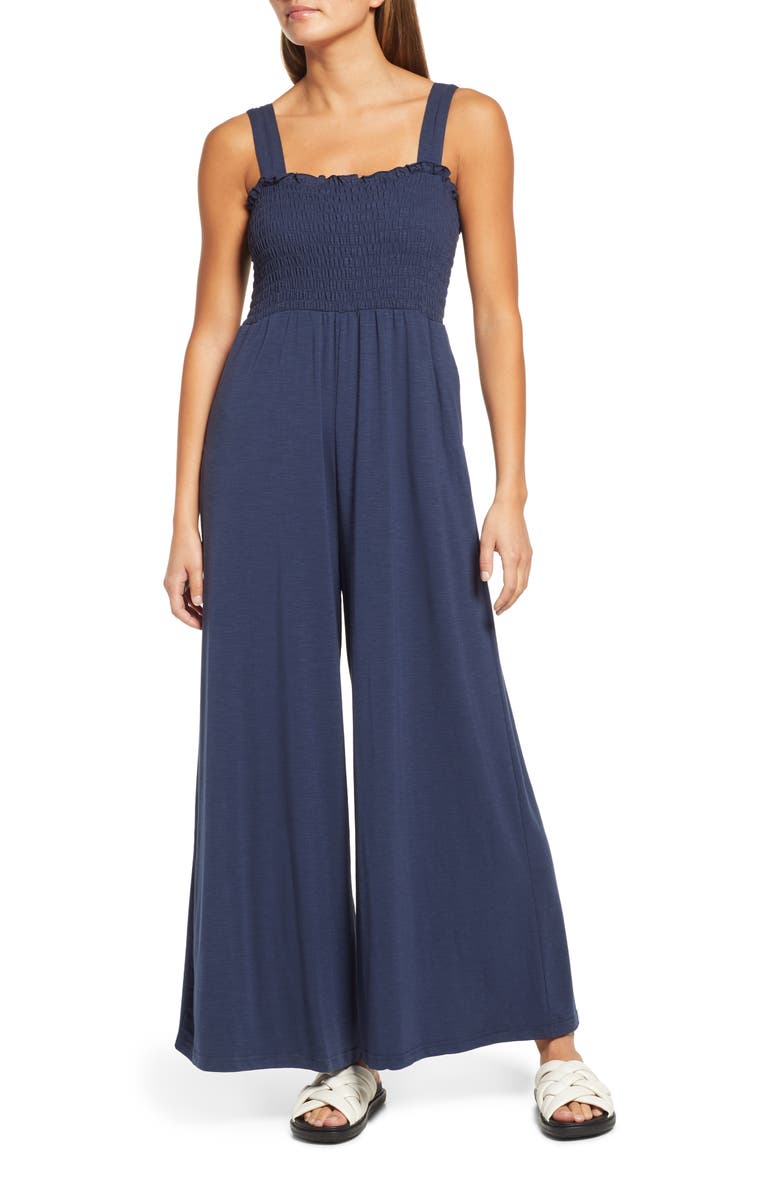 Roxy Just Passing By Smocked Square Neck Wide Leg Jumpsuit, Alternate, color,