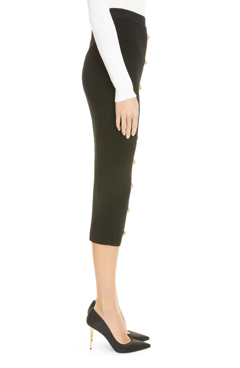 Balmain Button Front Rib Midi Skirt, Alternate, color, 0Pa 0Pa Noir