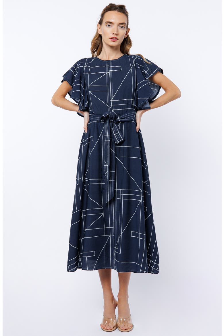 Anastasia Geo Print Flutter Sleeve Dress, Alternate, color, NAVY/ WHITE