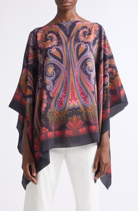 Paisley Degradé Print Silk Poncho