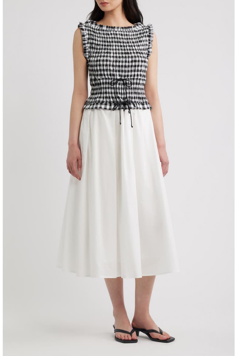 Maelle Gingham Smocked Two Tone Midi Dress, Main, color, BLACK