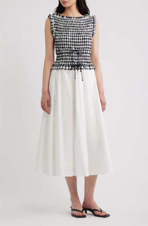 Maelle Gingham Smocked Two Tone Midi Dress