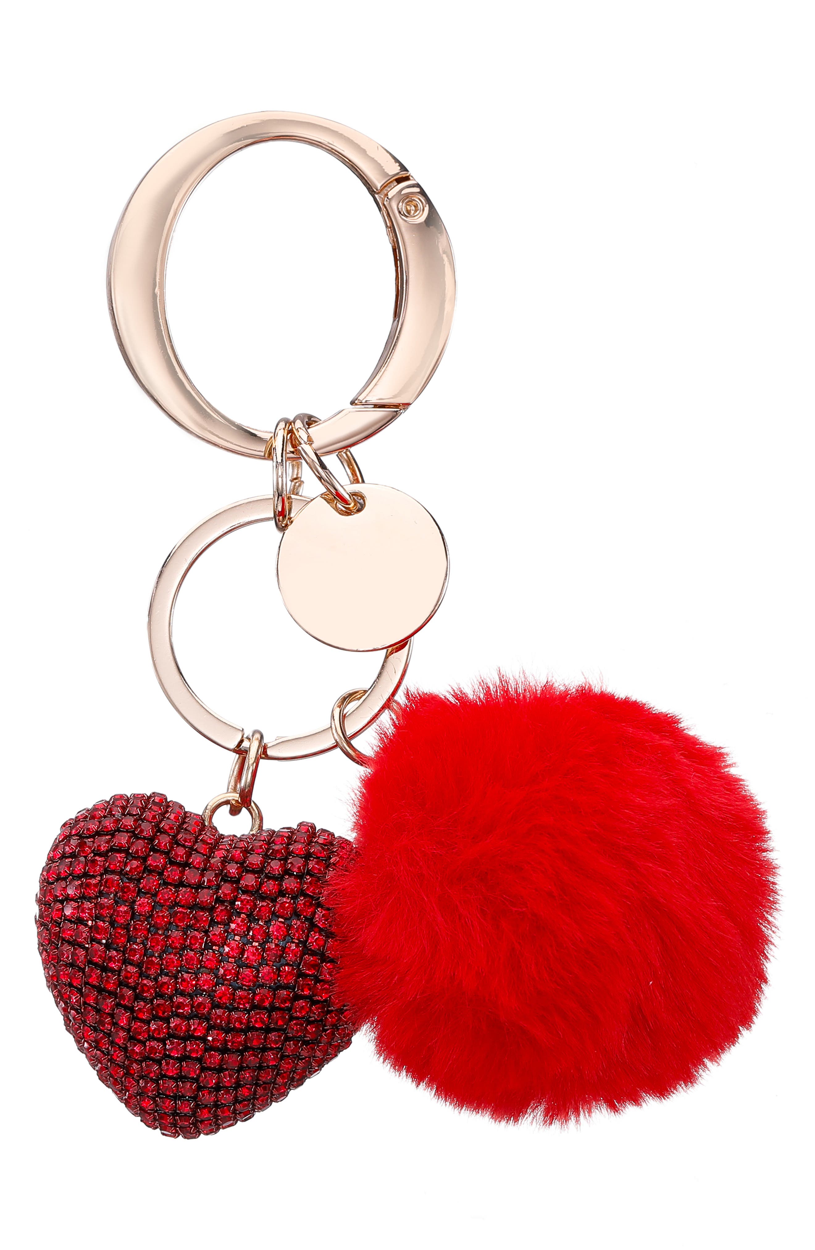 C-Love Pompom & Crystal Heart Bag Charm, Main, color, RED
