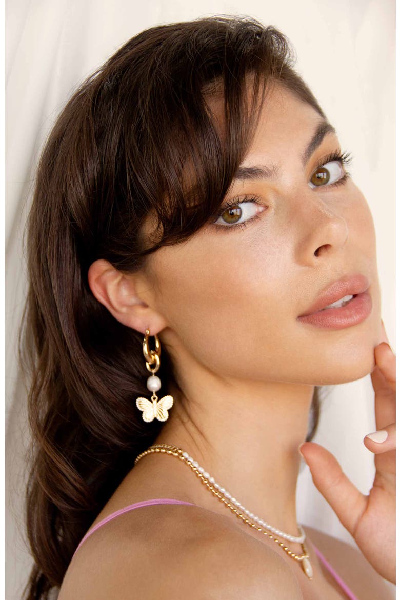 Butterfly & Imitation Pearl Drop Earrings, Alternate, color, GOLD