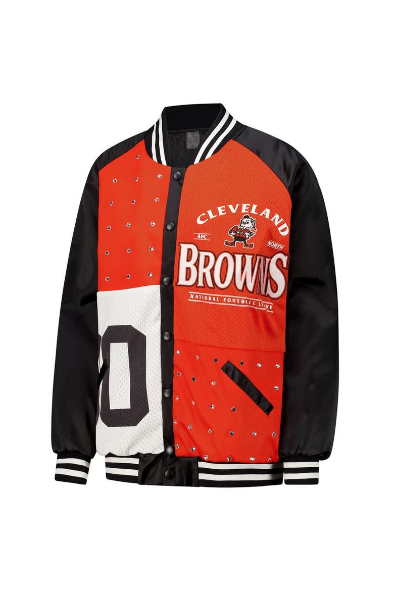 Women's Gameday Couture  Black/Orange Cleveland Browns Oversized Hot Shot Rhinestone Throwback Full-Snap Varsity Bomber Jacket, Alternate, color, Black