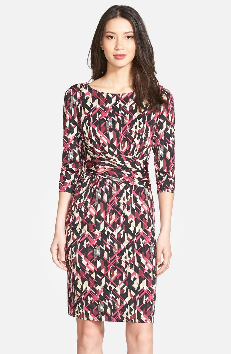 Ellen Tracy Print Gathered Jersey Sheath Dress, Main, color, 