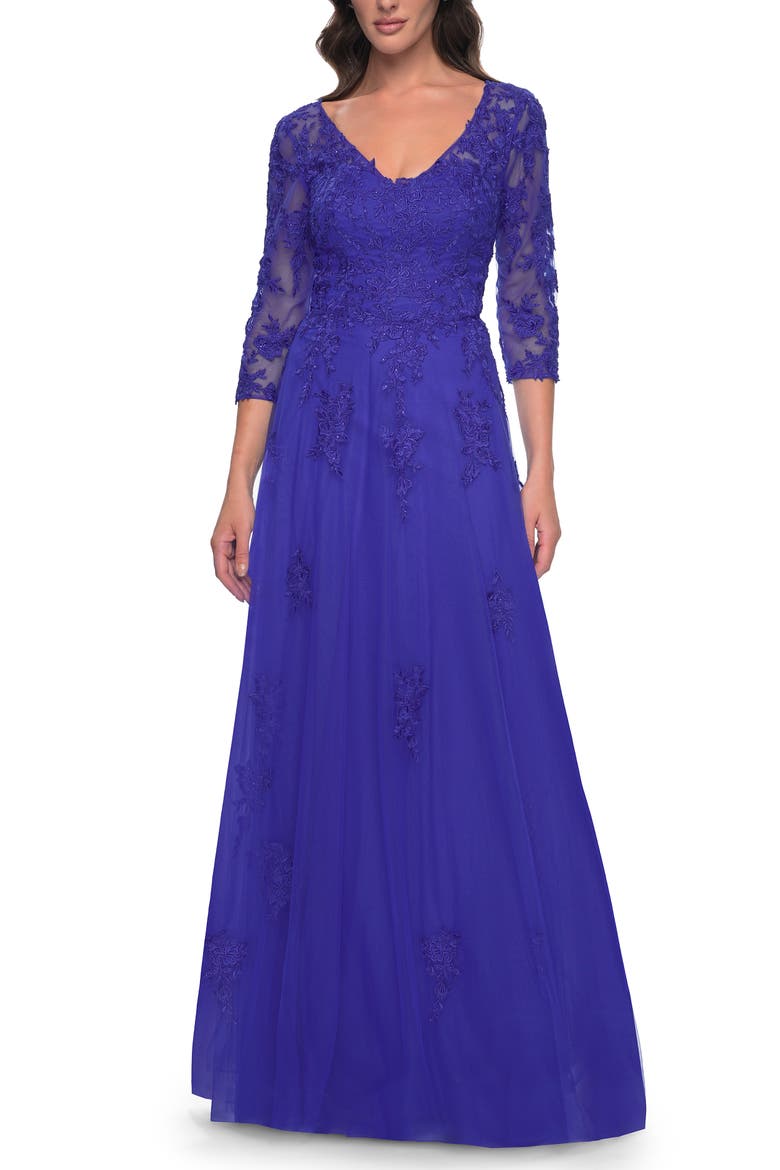 Tulle and Lace A-Line Dress with V Neckline, Main, color, Royal Blue
