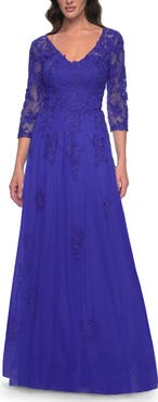 La Femme Tulle and Lace A-Line Dress with V Neckline