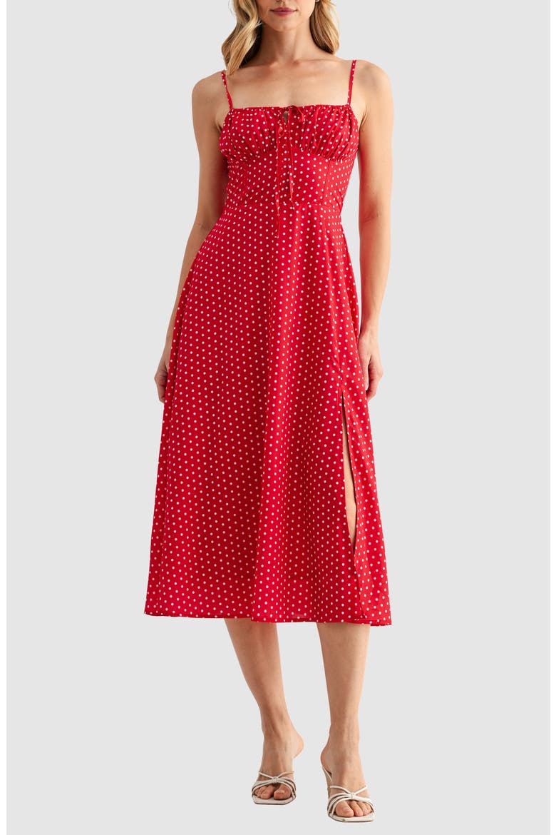 Polka Dot Corset Bodice Midi Sundress, Main, color, RED IVORY