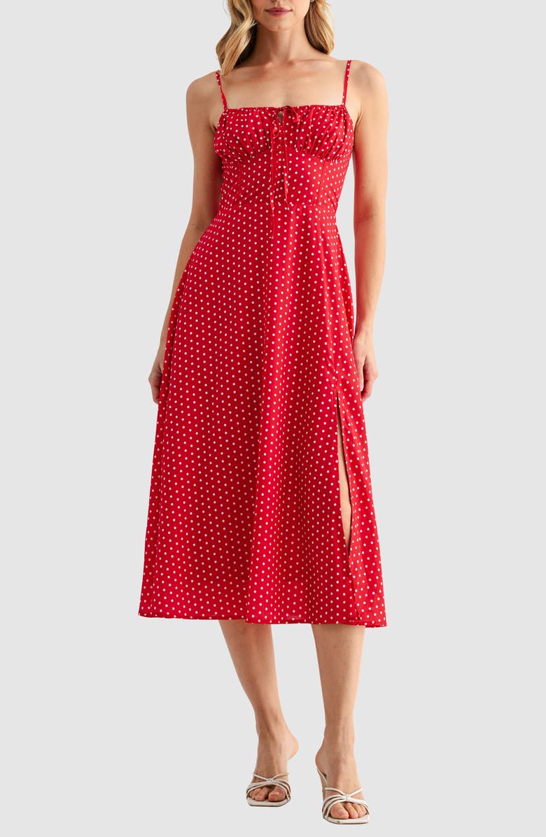 All in Favor Polka Dot Corset Bodice Midi Sundress, Main, color, Red Ivory