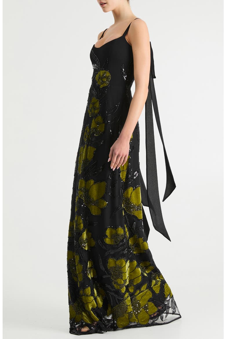 Dana Sequin Floral Scarf Detail Gown, Alternate, color, BLACK/ OLIVE